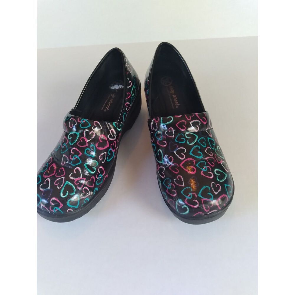 Easy Street Heart Print Clogs Comfort Slip On Shoes Black‎ Multi Size?